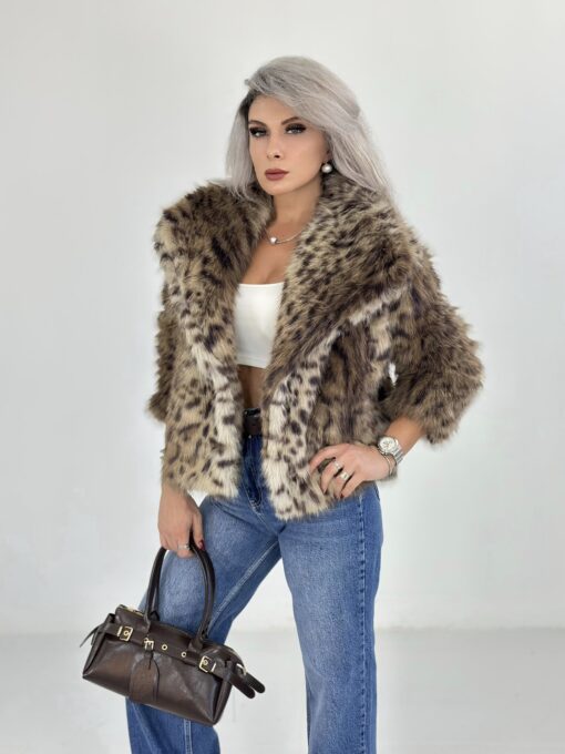 Leopar Desen Geniş Yaka Kürk Ceket - Görsel 4