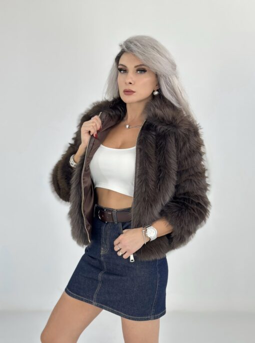 Kahve Fermuarlı Kısa Kürk Ceket - Görsel 3