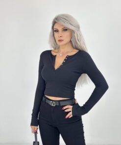 Siyah Önden Çıtçıtlı Uzun Kol Body