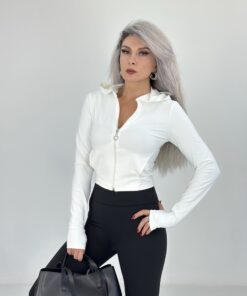 Beyaz Parmak Geçmeli Fermuarlı Sweat