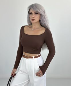 Kahve Geniş Yaka Uzun Kol Body