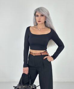 Siyah Geniş Yaka Uzun Kol Body