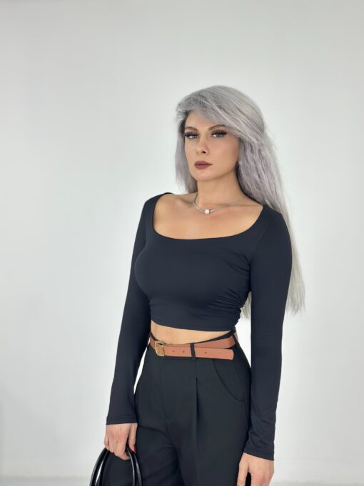 Siyah Geniş Yaka Uzun Kol Body - Görsel 2