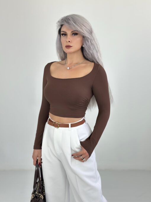 Kahve Geniş Yaka Uzun Kol Body - Görsel 2