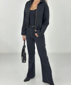 Koyu Füme Likralı Wide Leg Jean