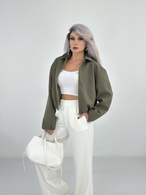 Haki Yeşil Krep Kumaş Bomber Ceket - Görsel 2