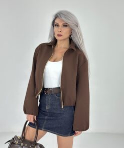 Kahve Krep Kumaş Bomber Ceket