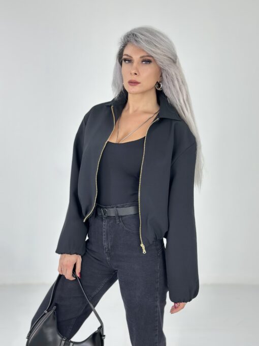 Siyah Krep Kumaş Bomber Ceket - Görsel 2