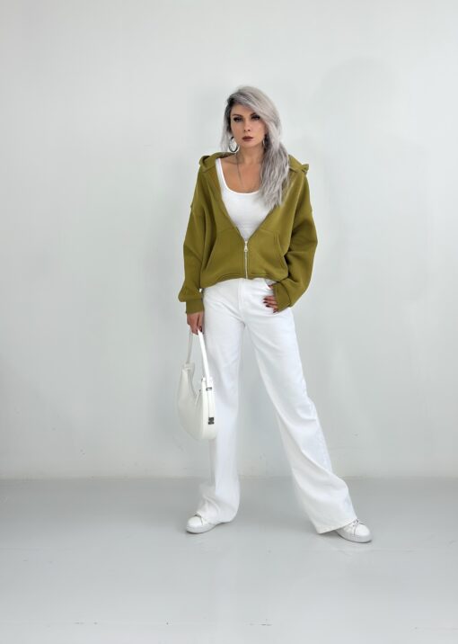 Zeytin Yeşili Kapşonlu Fermuarlı Sweatshirt - Görsel 2