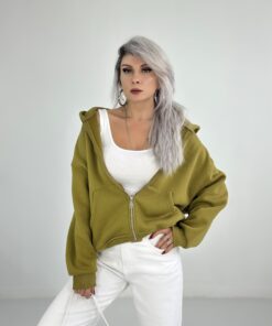 Zeytin Yeşili Kapşonlu Fermuarlı Sweatshirt