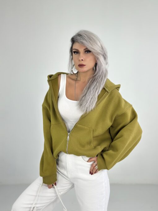 Zeytin Yeşili Kapşonlu Fermuarlı Sweatshirt - Görsel 3