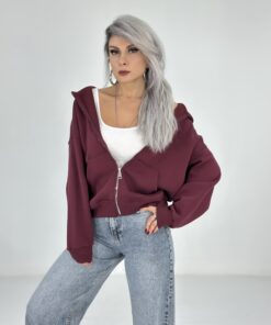 Bordo Kapşonlu Fermuarlı Sweatshirt