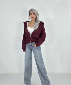 Alternative view of Bordo Kapşonlu Fermuarlı Sweatshirt