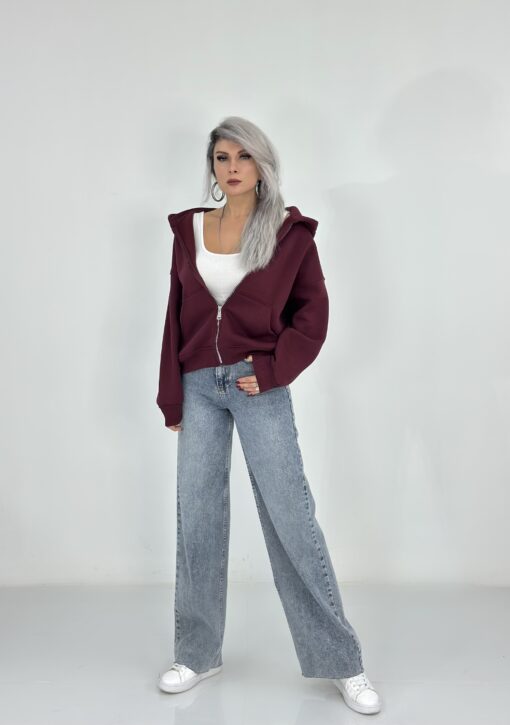 Bordo Kapşonlu Fermuarlı Sweatshirt - Görsel 2