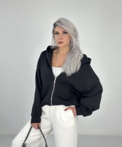 Siyah Kapşonlu Fermuarlı Sweatshirt