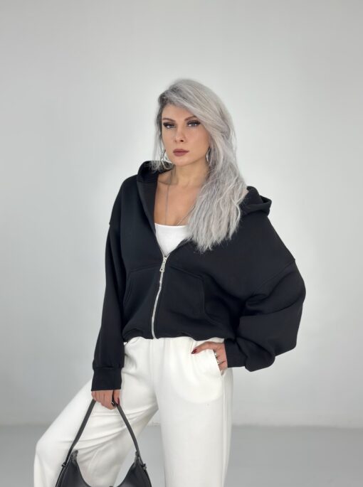 Siyah Kapşonlu Fermuarlı Sweatshirt