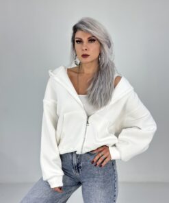 Beyaz Kapşonlu Fermuarlı Sweatshirt