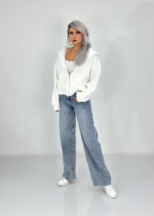 Beyaz Kapşonlu Fermuarlı Sweatshirt - Görsel 2