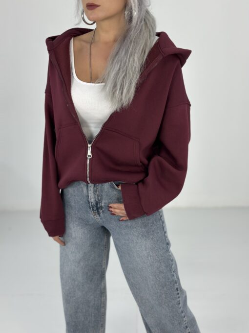 Bordo Kapşonlu Fermuarlı Sweatshirt - Görsel 3