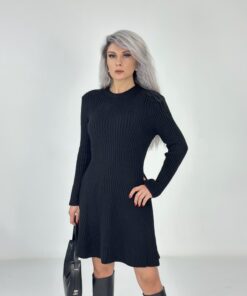 Siyah Uzun Kollu Mini Boy Triko Elbise