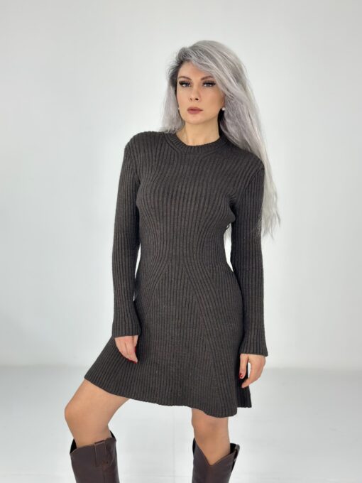 Kahve Uzun Kollu Mini Boy Triko Elbise - Görsel 3