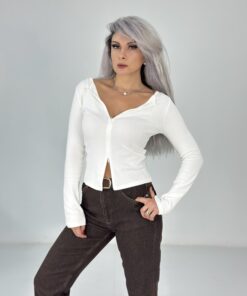 Beyaz Fermuarlı Body
