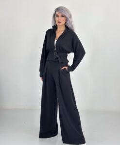 Siyah Kemerli Bol Paça Modal Pantolon Takım