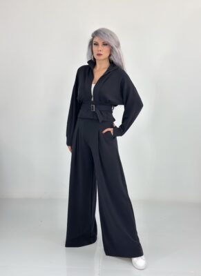 Siyah Kemerli Bol Paça Modal Pantolon Takım