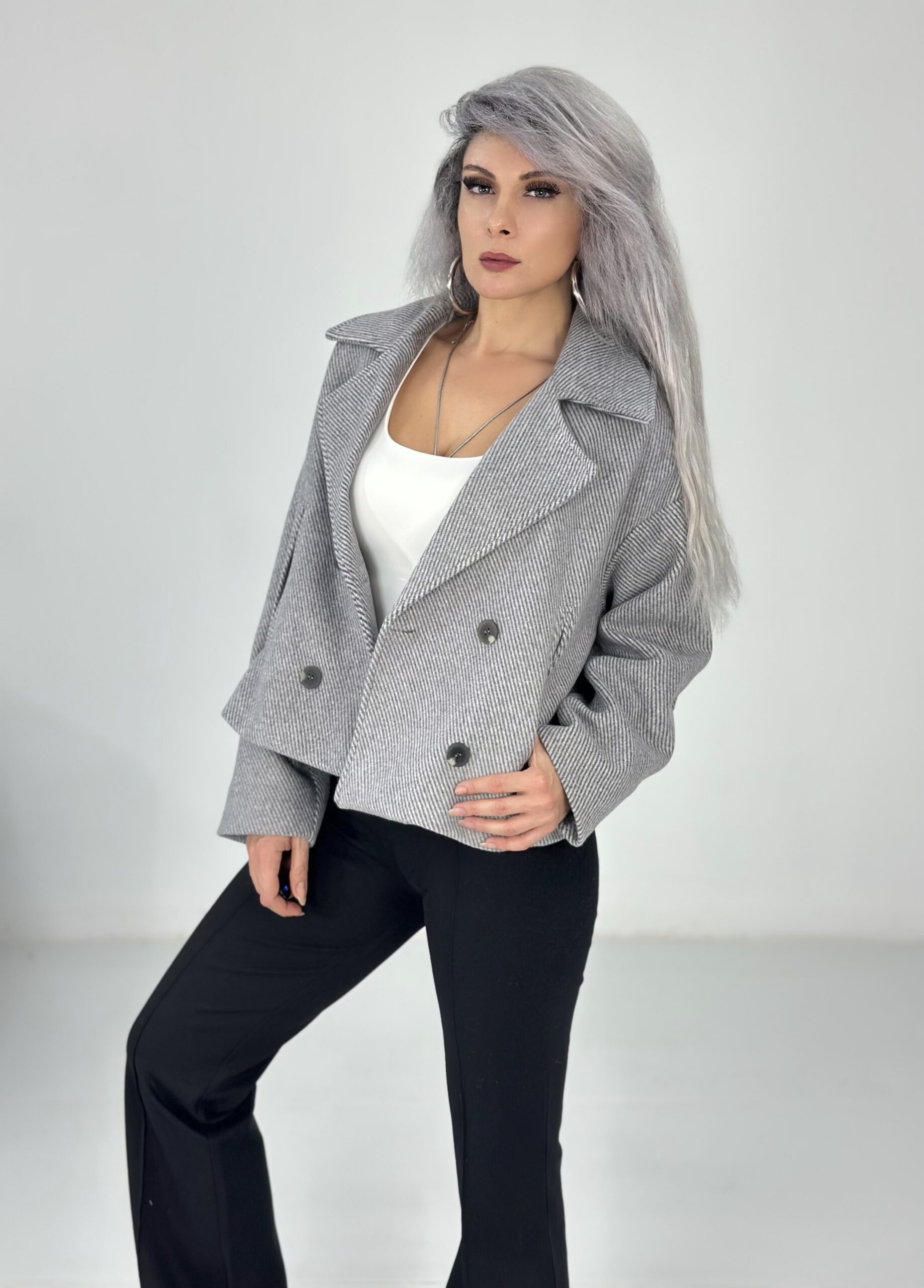 Gri Düğmeli Yumuşak Kaşe Ceket Mont - Görsel 6