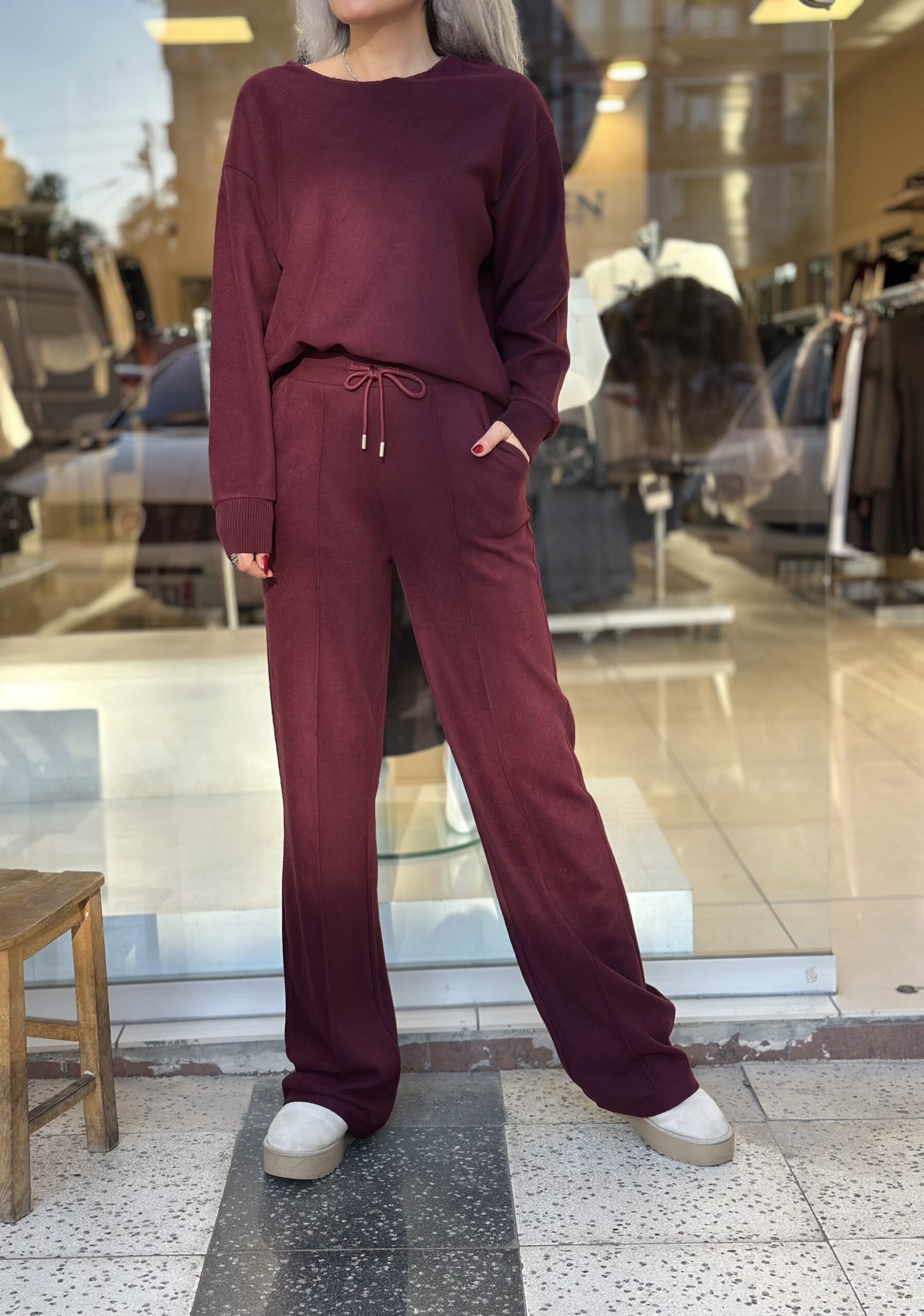 Bordo Kadife Fitilli Bol Paça Takım - Görsel 2