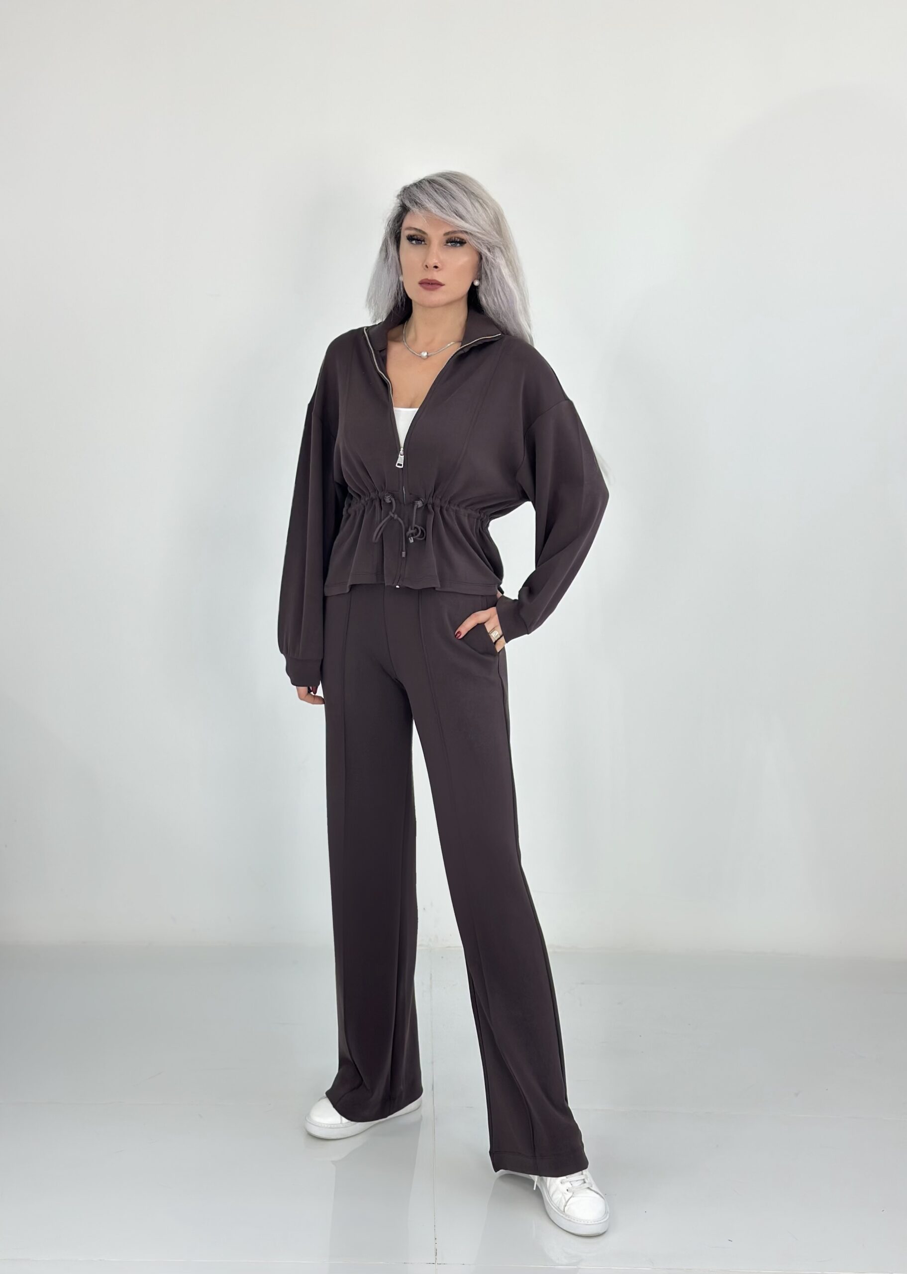 Kahve Bel Büzgülü Modal Takım - Görsel 4