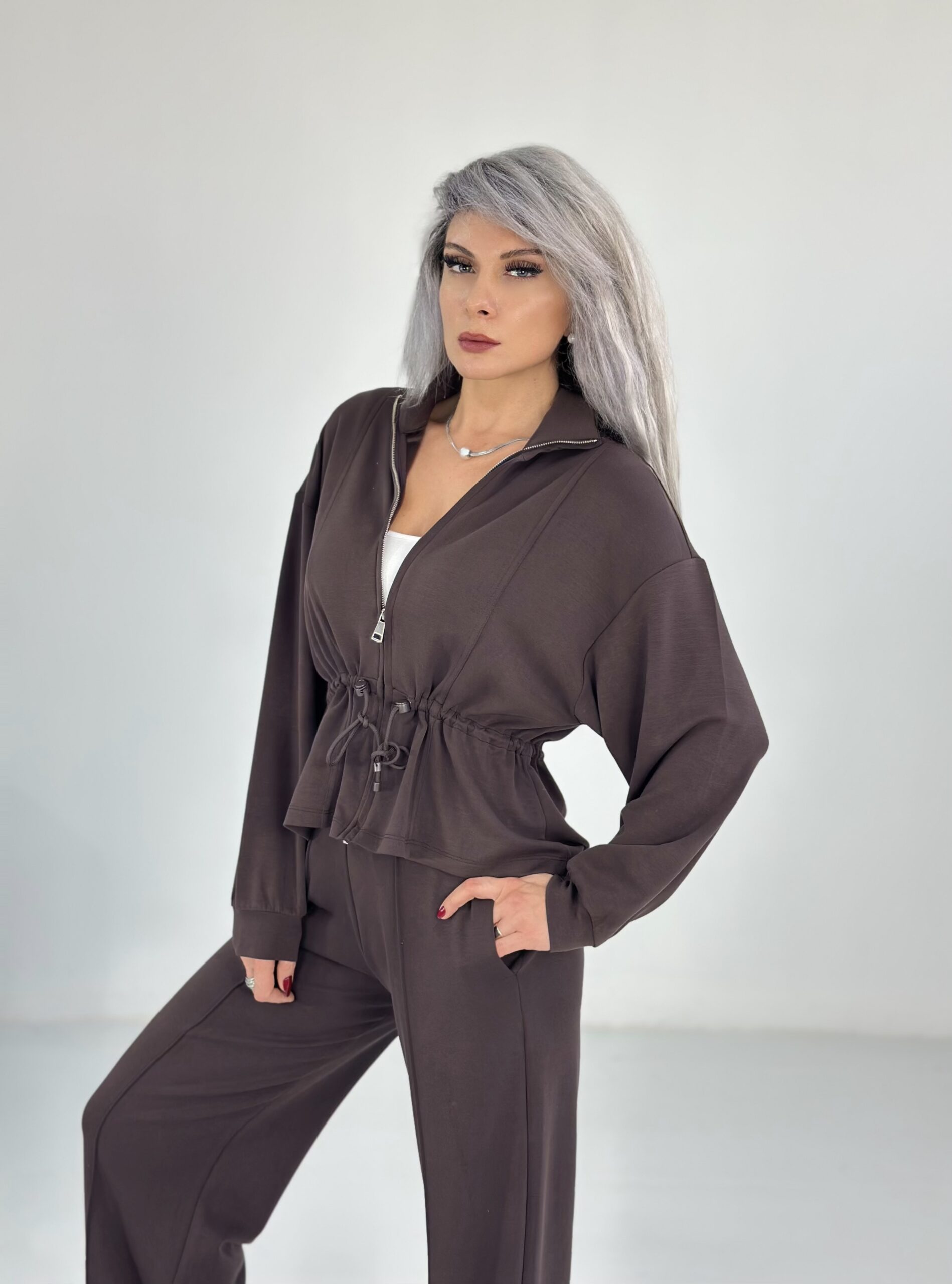 Kahve Bel Büzgülü Modal Takım - Görsel 3