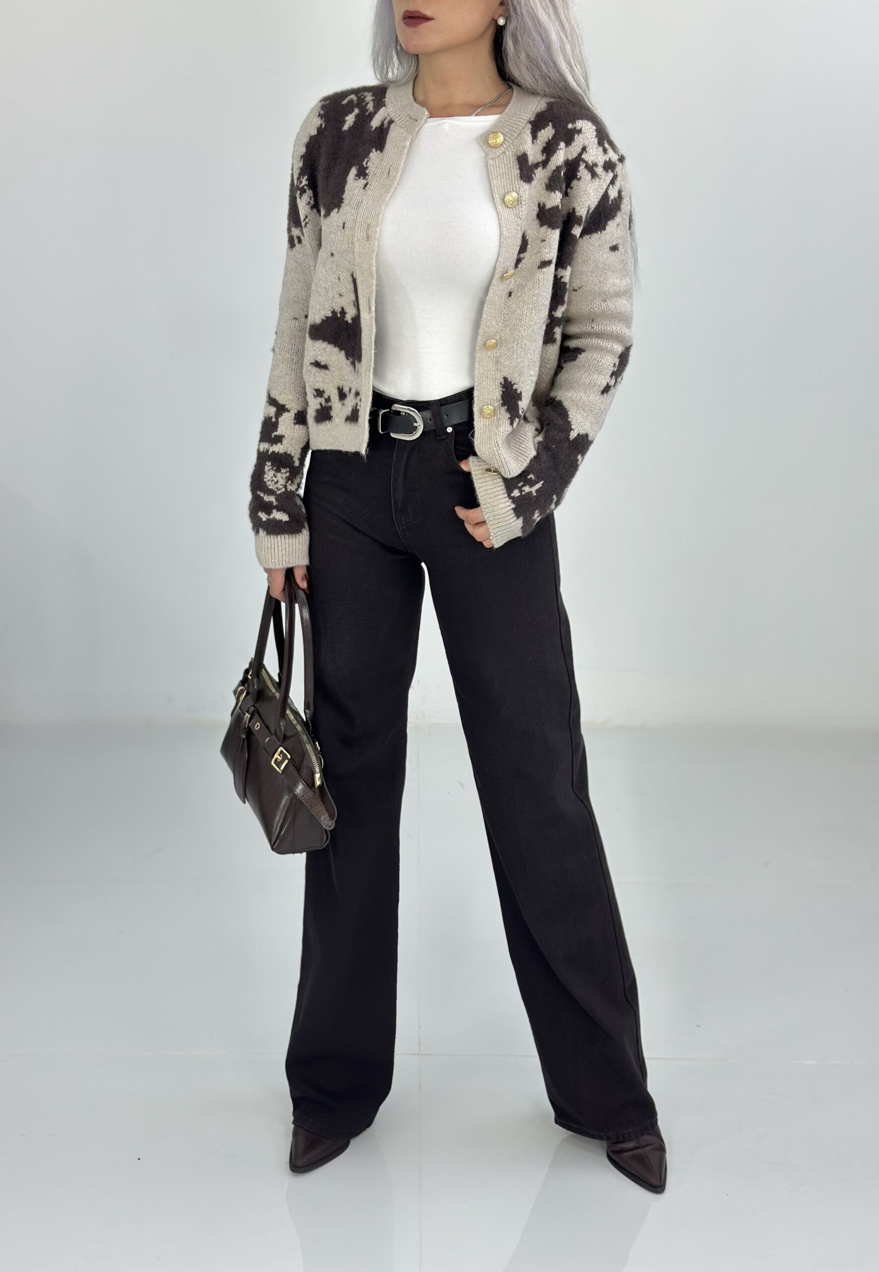 Koyu Kahve Kemerli Wide Leg Jean