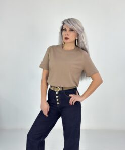 Camel Çift Kat Bisiklet Yaka Basic Tshirt