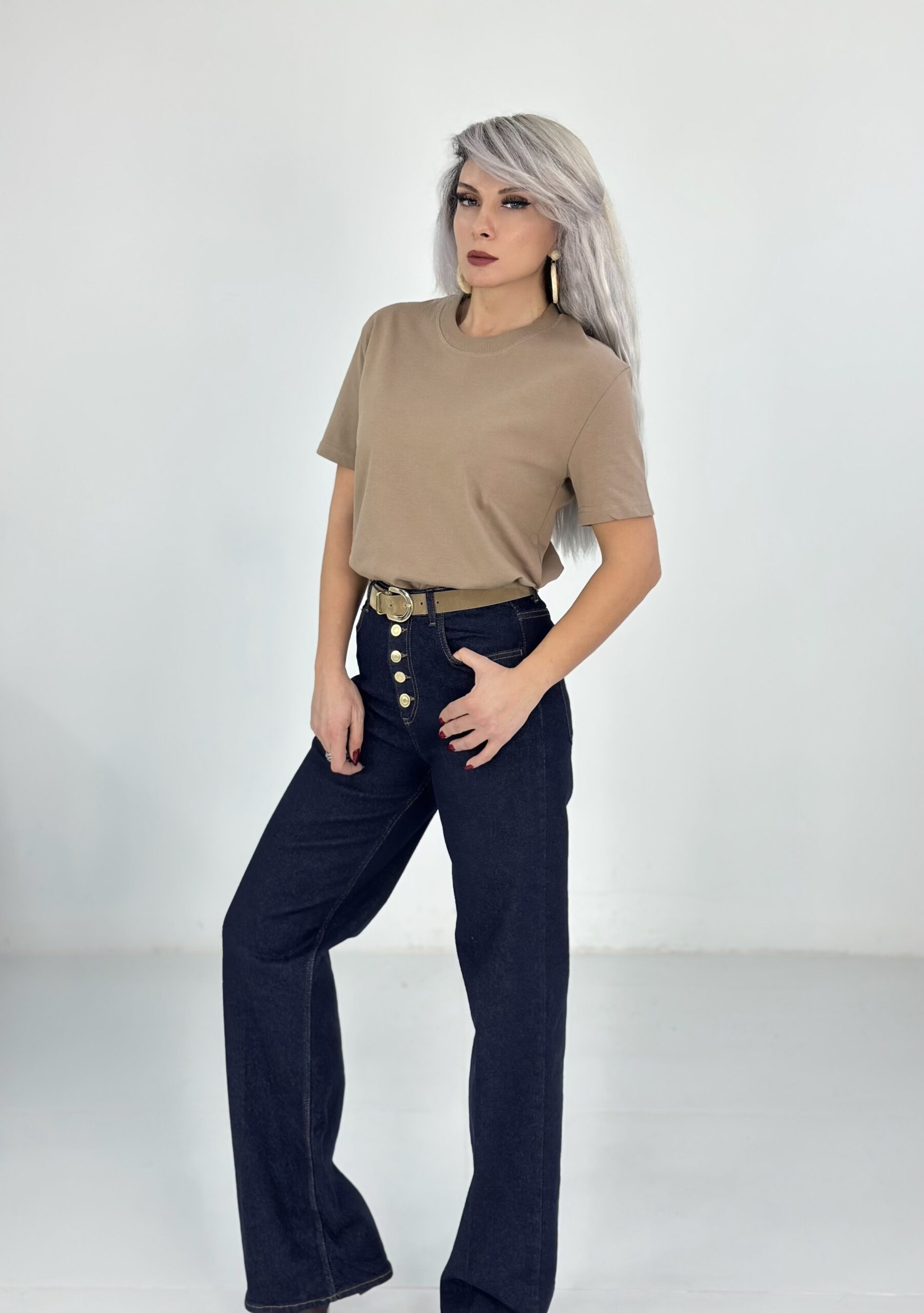 Lacivert Kemerli Gold Düğmeli Palazzo Jean - Görsel 2