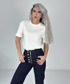 Beyaz Çift Kat Bisiklet Yaka Basic Tshirt