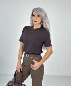 Kahve Çift Kat Bisiklet Yaka Basic Tshirt