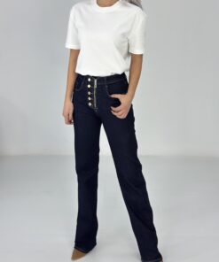 Lacivert Gold Düğme ve Fermuar Detay İspanyol Paça Jean