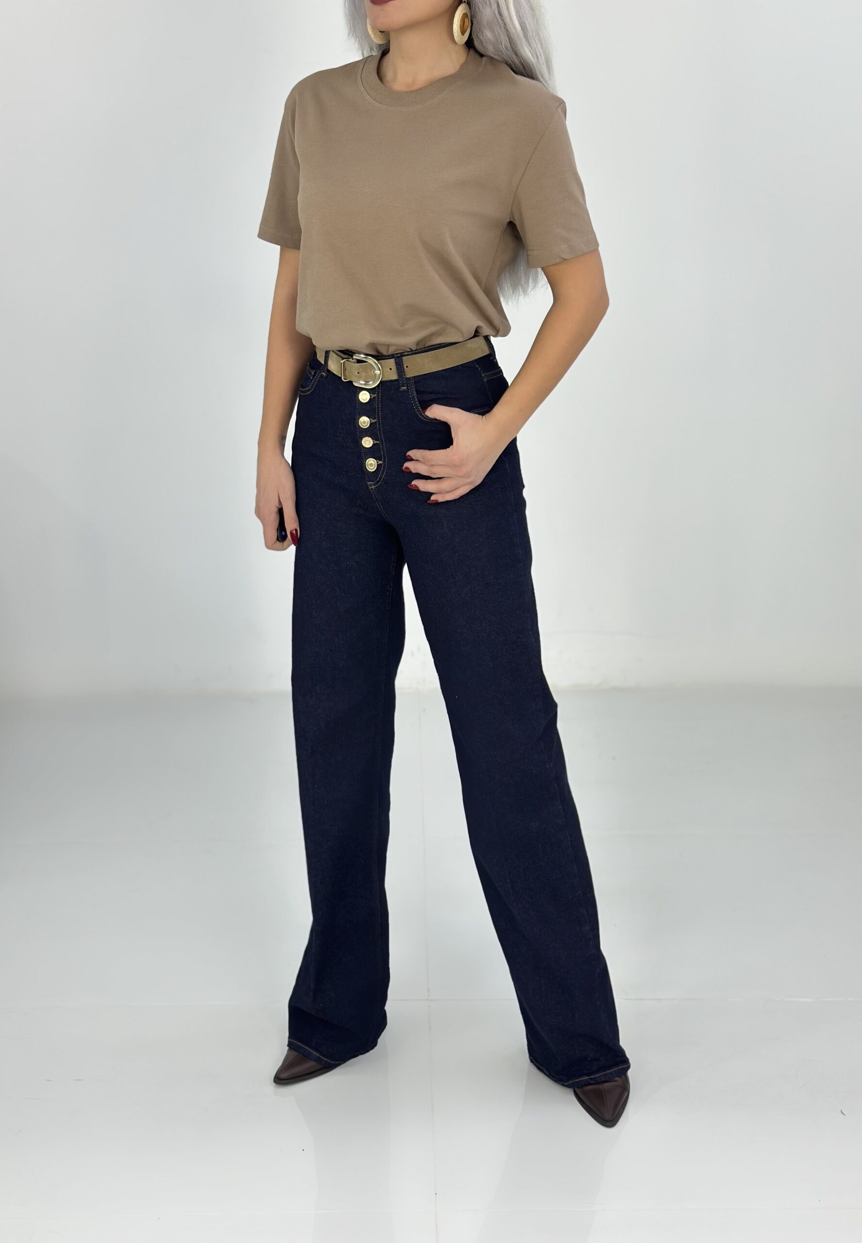 Lacivert Kemerli Gold Düğmeli Palazzo Jean