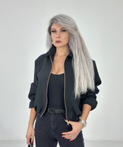 Siyah Krep Kumaş Bomber Ceket