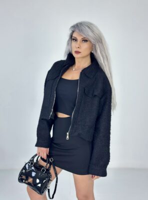 Siyah Teddy Kumaş Kısa Ceket