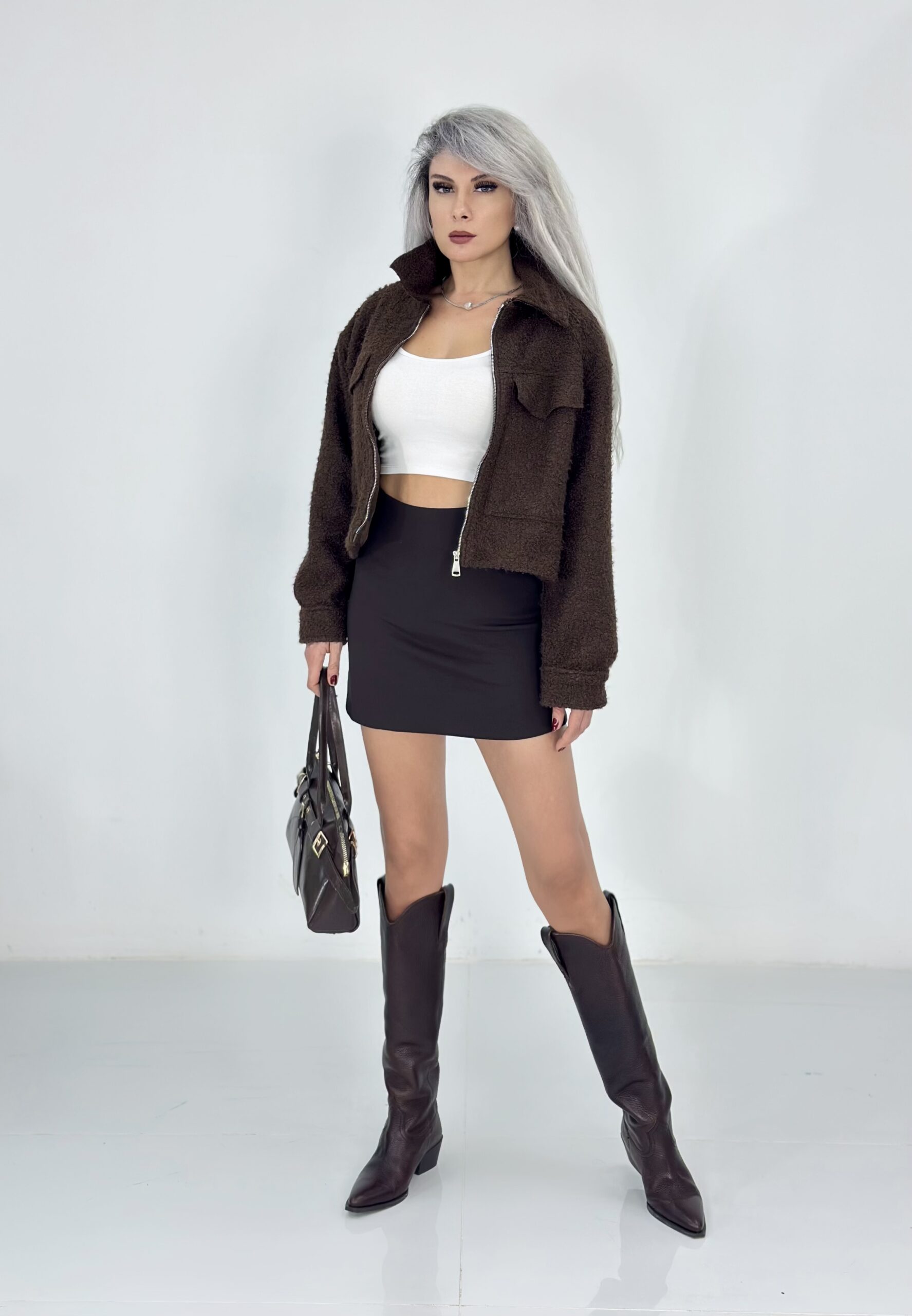 Kahve Likralı Arka Şort Görünümlü Şort Etek - Görsel 2