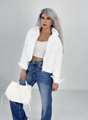 Beyaz Teddy Kumaş Kısa Ceket