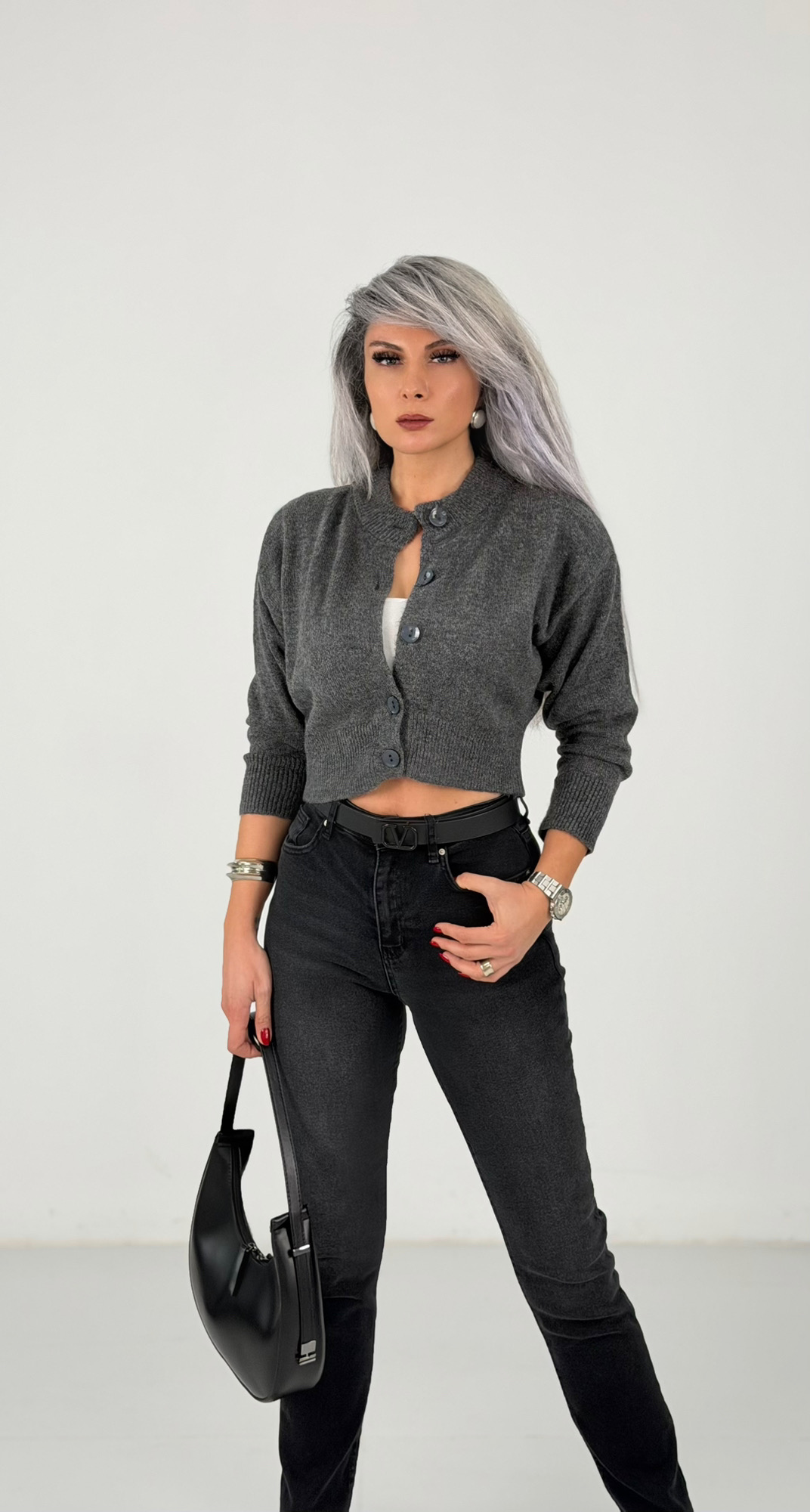 Füme Yüksek Bel Likralı Mom Fit Jean - Görsel 3