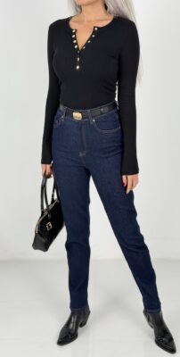Kemerli Lacivert Mom Fit Jean