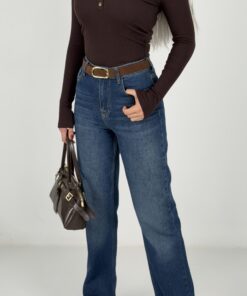 Kemerli Mavi Yıkamalı Flare Jean