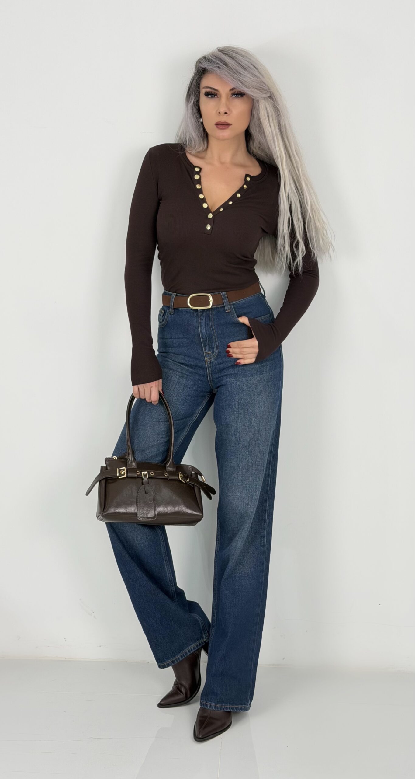 Kemerli Mavi Yıkamalı Flare Jean - Görsel 2