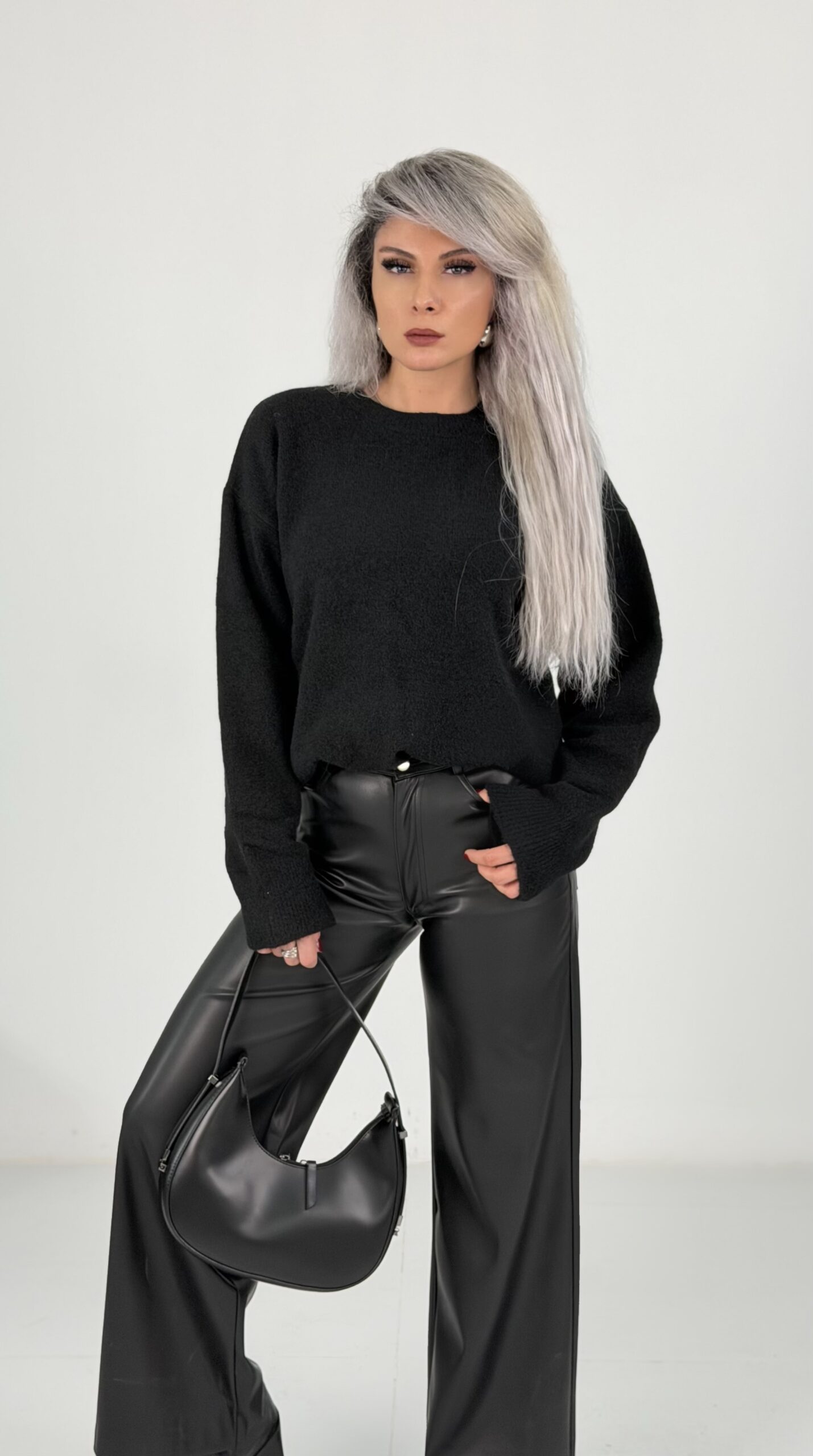 Siyah Yüksek Bel Deri Palazzo Pantolon - Görsel 3