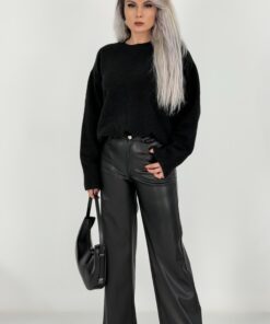 Alternative view of Siyah Yüksek Bel Deri Palazzo Pantolon