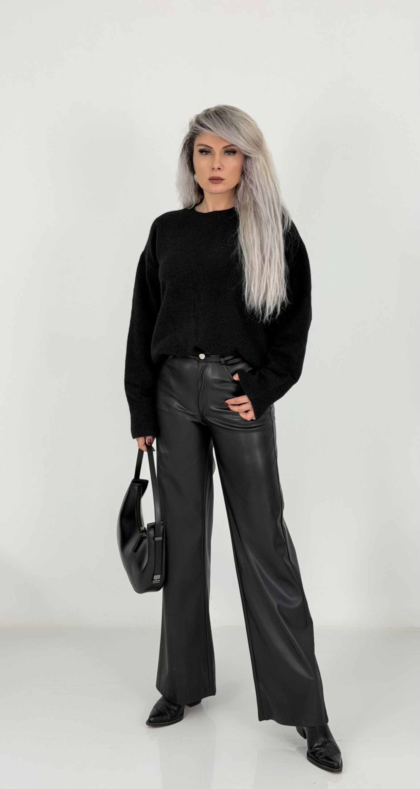 Siyah Yüksek Bel Deri Palazzo Pantolon - Görsel 2